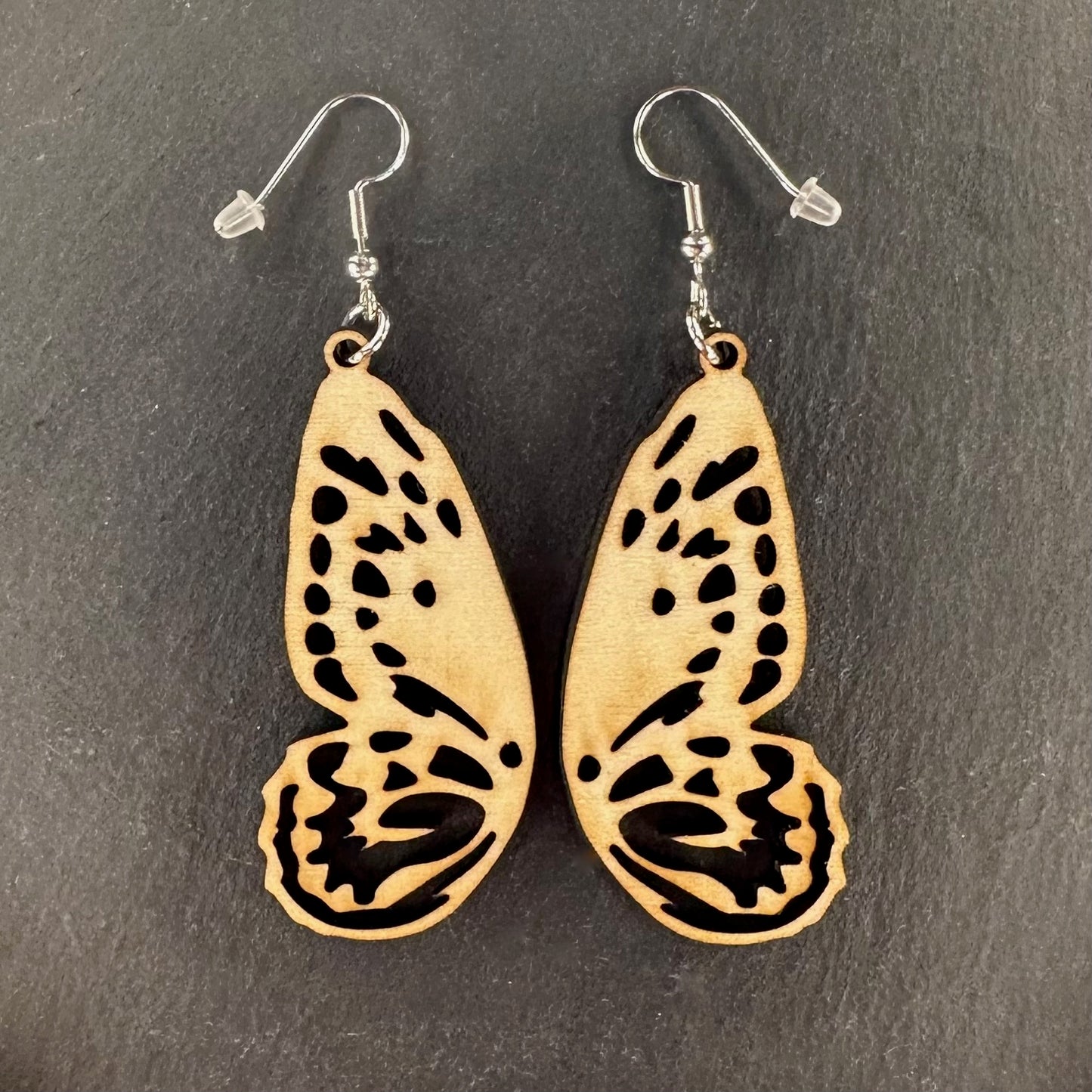 Made in Brisbane, Australia. 50mm long. Female Cairns Birdwing, Ornithoptera euphorion, wooden earrings on stainless steel hooks.