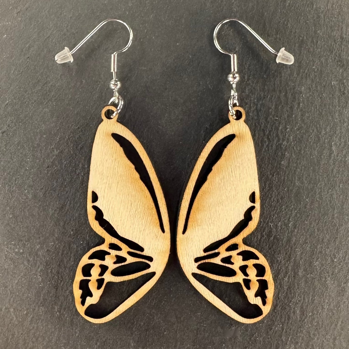 Made in Brisbane, Australia. 50mm long. Male Cairns Birdwing, Ornithoptera euphorion, wooden earrings on stainless steel hooks.