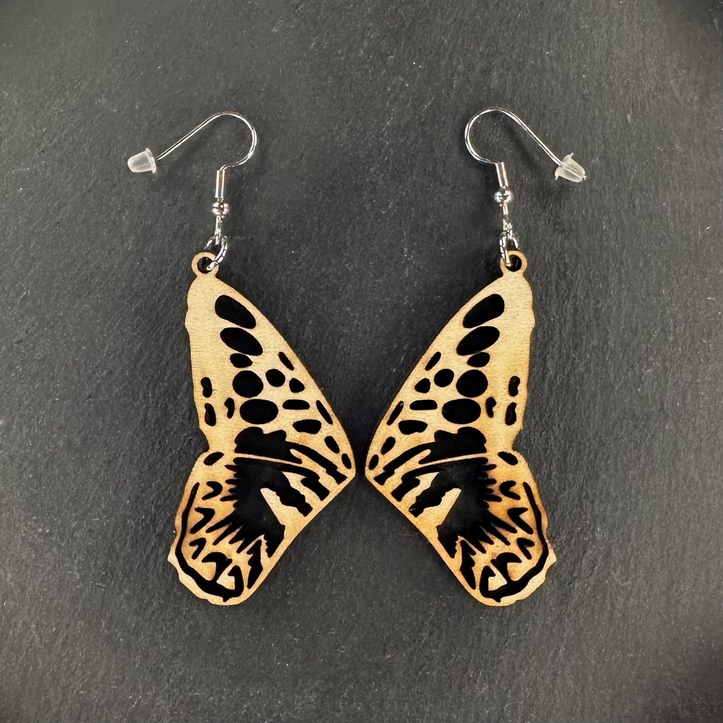 Made in Brisbane, Australia. 50mm long. The Clipper, Parthenos sylvia, wooden earrings on stainless steel hooks.