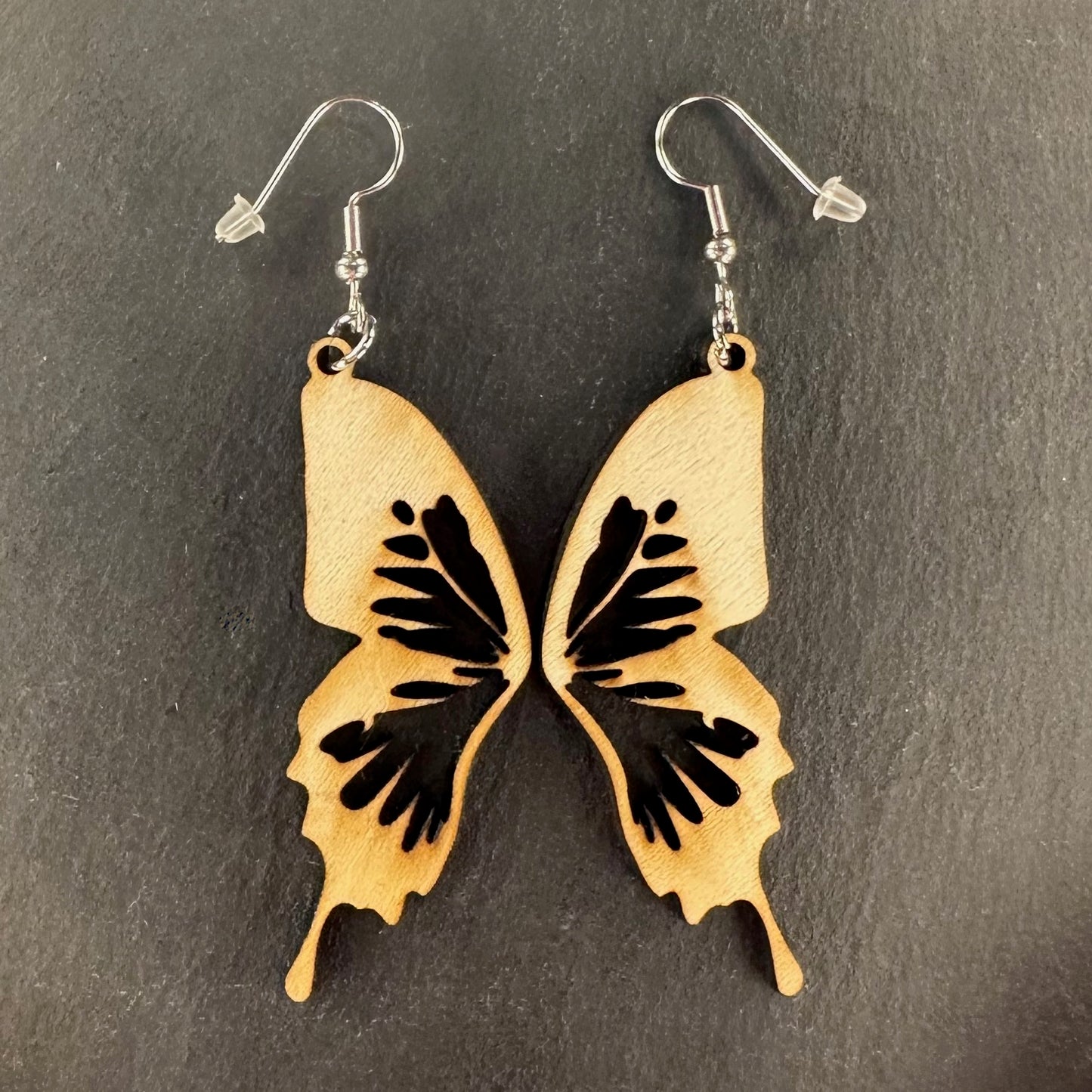 Made in Brisbane, Australia. 50mm long. Ulysses Butterfly, Papilio ulysses, wooden earrings on stainless steel hooks.