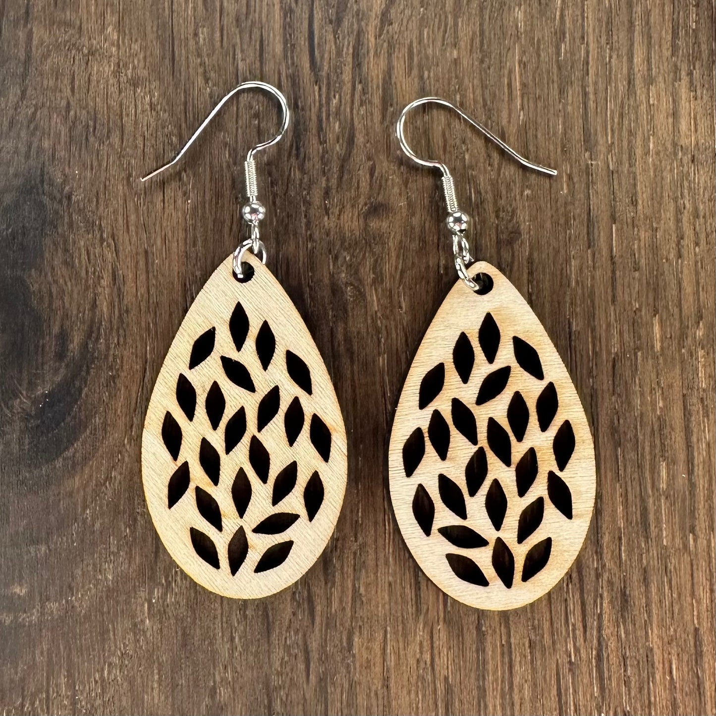 Made in Brisbane, Australia. 40mm long. Leaves teardrop wooden earrings on stainless steel hooks.