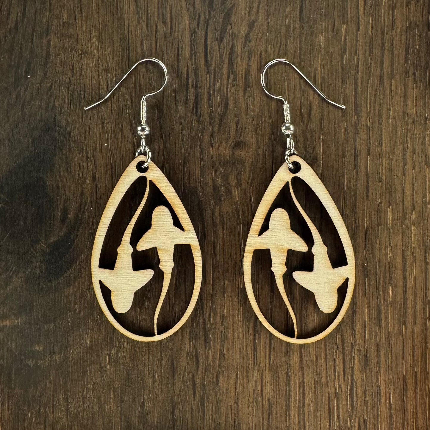 Made in Brisbane, Australia. 40mm long. Leopard Shark teardrop, wooden earrings on stainless steel hooks.