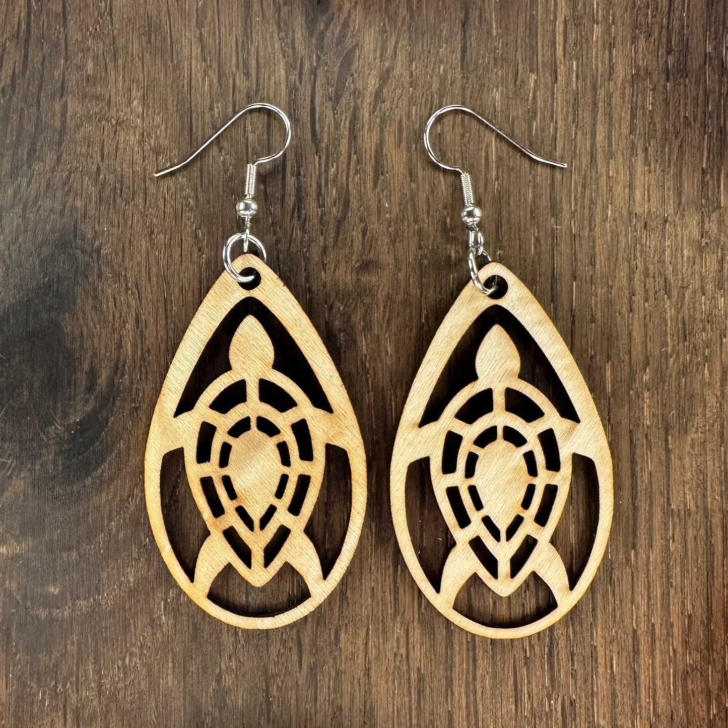 Made in Brisbane, Australia. 40mm long. Sea Turtle teardrop wooden earrings on stainless steel hooks.