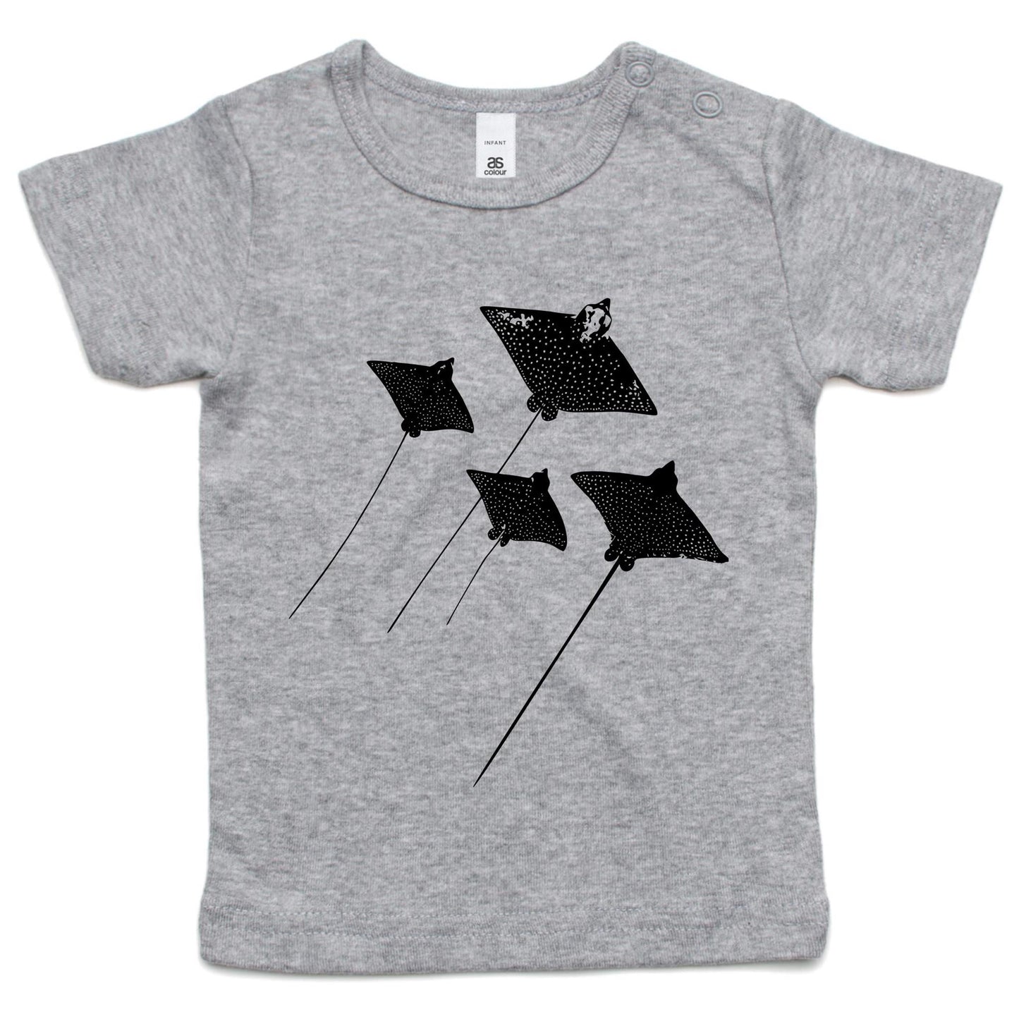 Eagle Rays infant T-shirt by Ollianna of Brisbane. Adorned with a formation of graceful eagle rays, this tee captures the essence of coastal serenity and the beauty found beneath the waves.