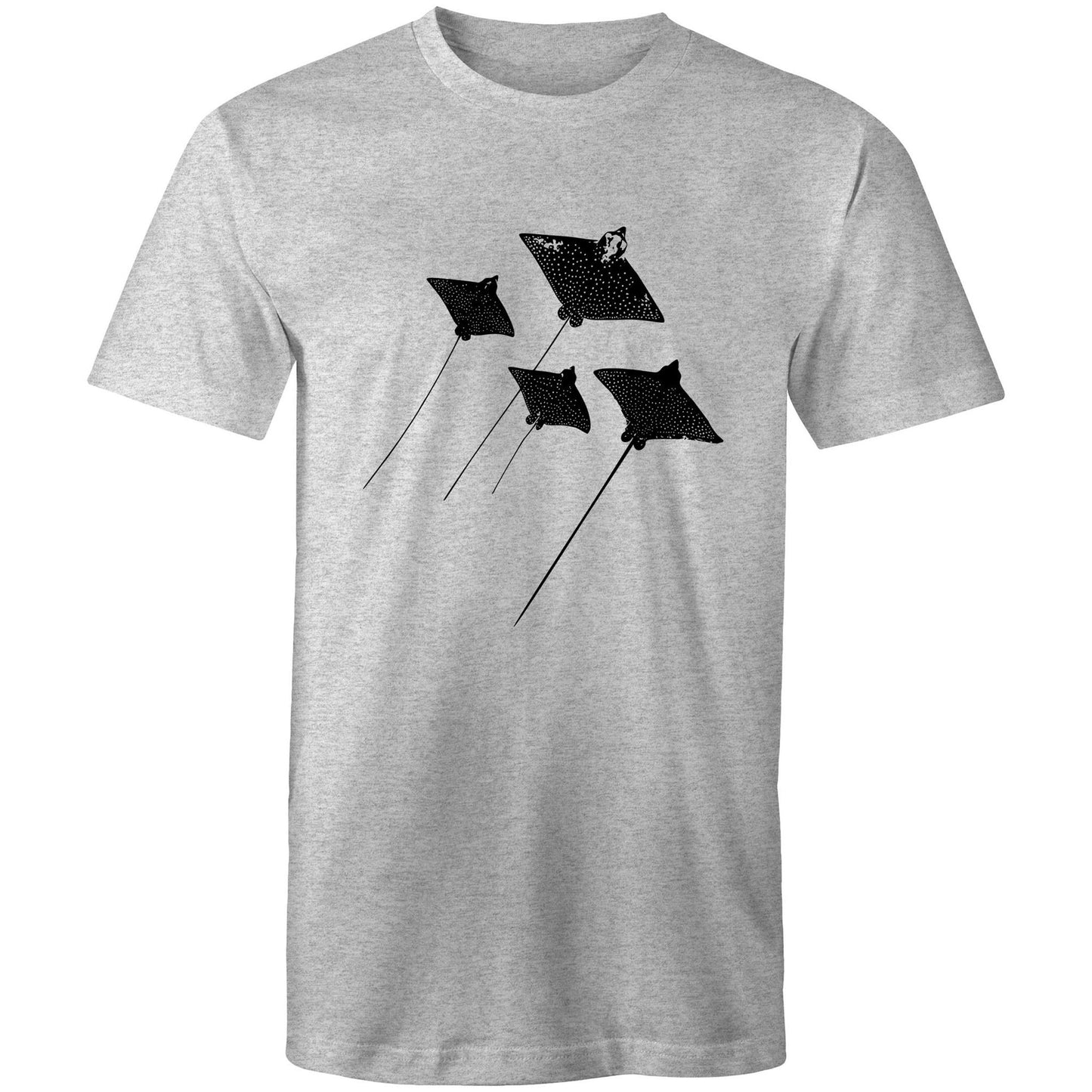 Eagle Rays men’s T-shirt by Ollianna of Brisbane. Adorned with a formation of graceful eagle rays, this tee captures the essence of coastal serenity and the beauty found beneath the waves.