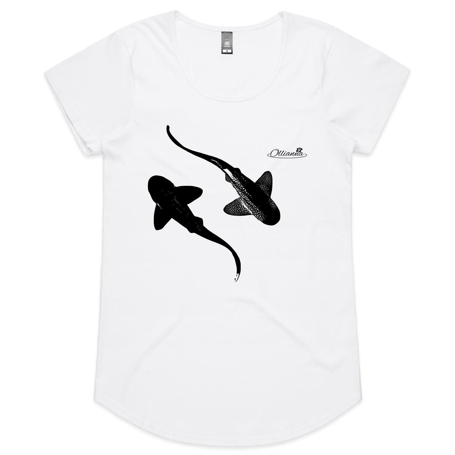 Leopard Sharks women’s T-shirt by Ollianna of Brisbane. This coastal inspired tee features an image of two leopard sharks gracefully swimming together.