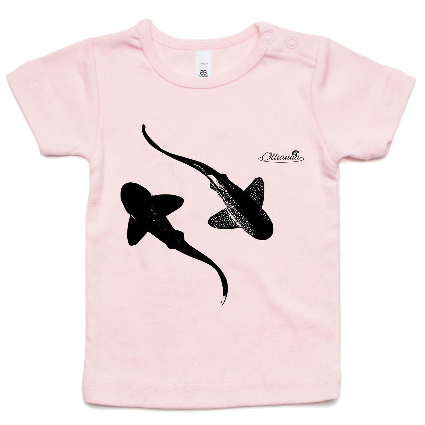 Leopard Sharks infant T-shirt by Ollianna of Brisbane. This coastal inspired tee features an image of two leopard sharks gracefully swimming together.