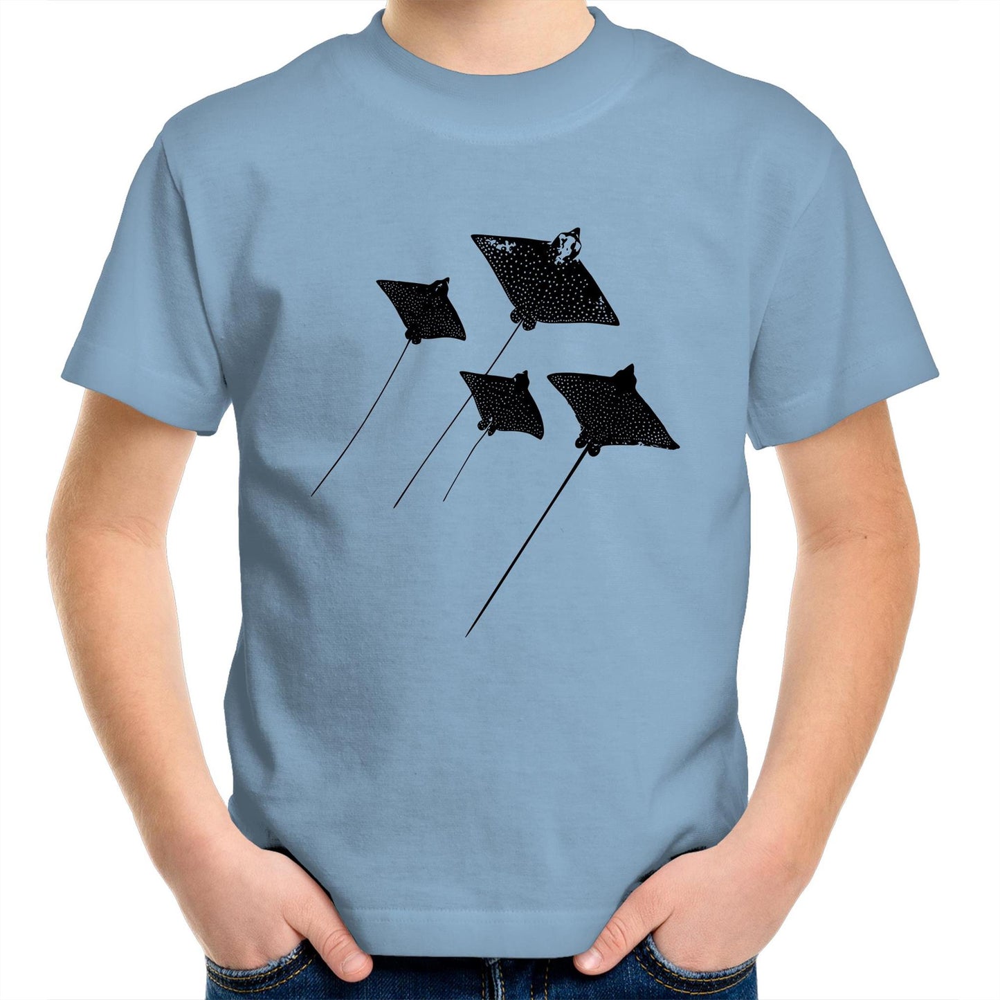 Eagle Rays youth T-shirt by Ollianna of Brisbane. Adorned with a formation of graceful eagle rays, this tee captures the essence of coastal serenity and the beauty found beneath the waves.