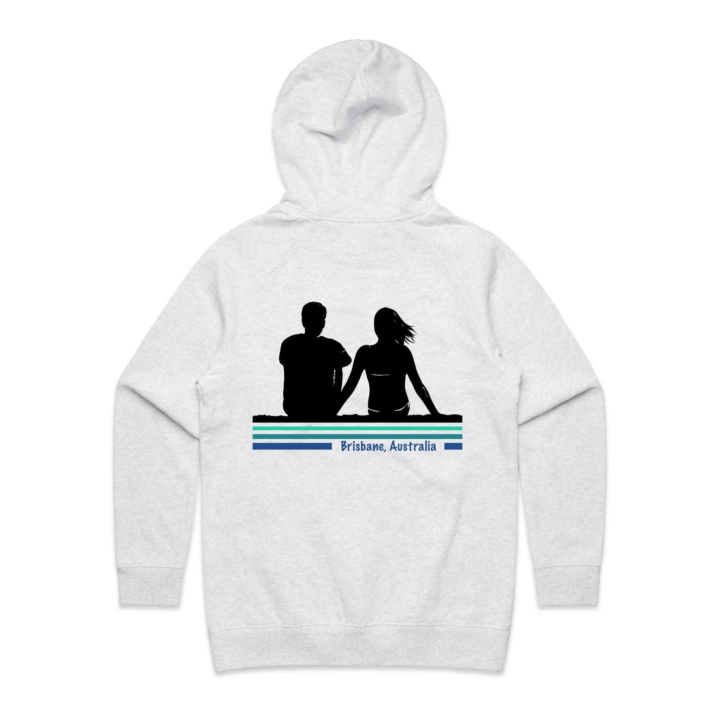 Brisbane Contemplation Women's Hoodie by Ollianna. A cozy coastal hoodie capturing a couple gazing into the distance, lost in contemplation.