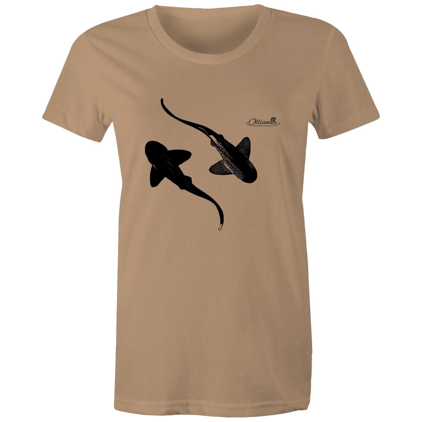 Leopard Sharks women’s T-shirt by Ollianna of Brisbane. This coastal inspired tee features an image of two leopard sharks gracefully swimming together.