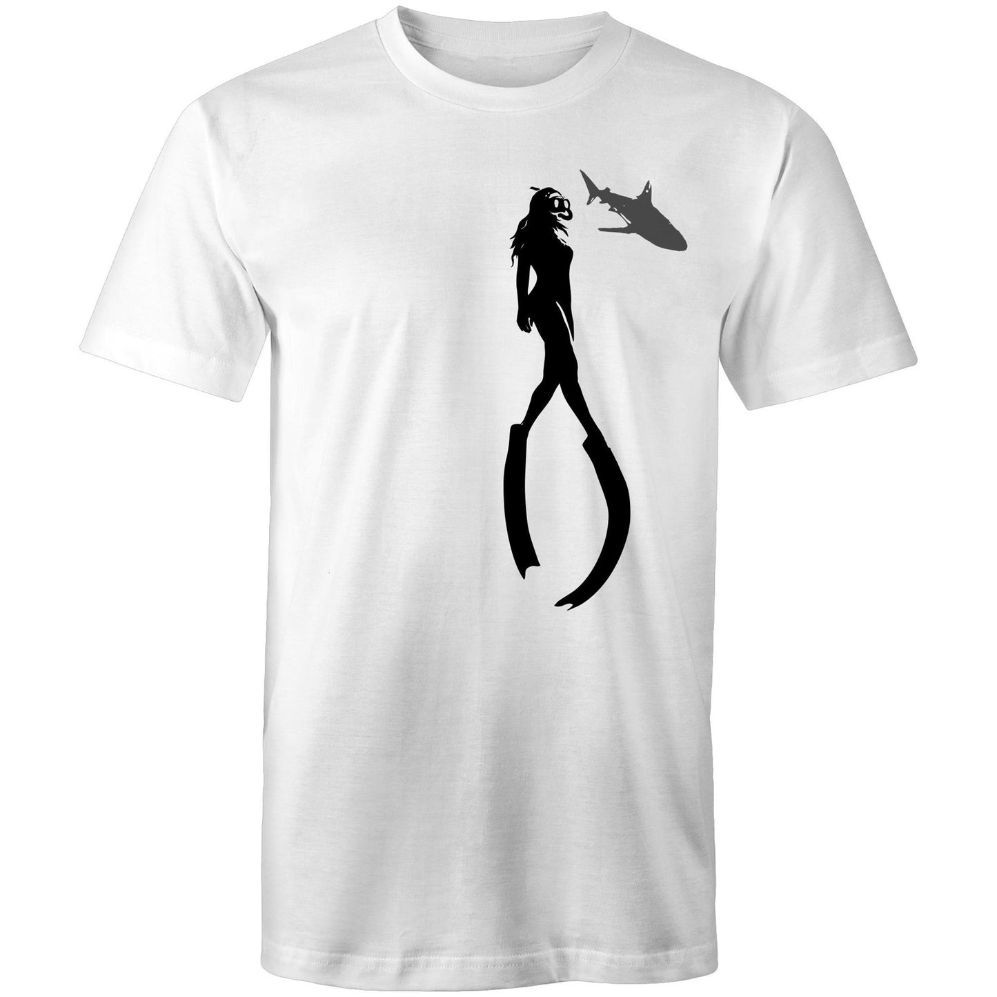 Isla men’s t-shirt by Ollianna of Brisbane, features an image of a diver peacefully floating with a shark. This tee embodies the appreciation of nature and the balance between peacefulness and adventure.
