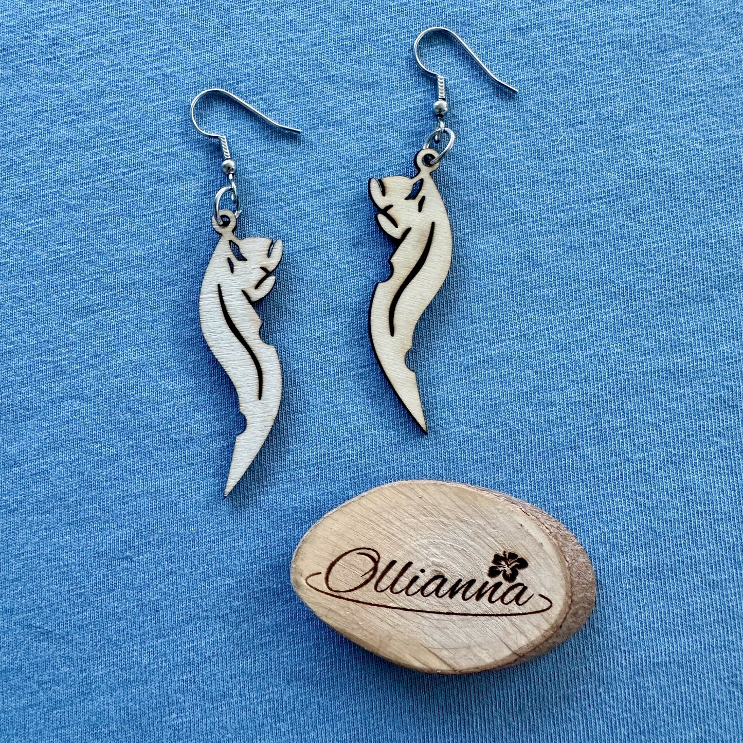 Made in Brisbane, Australia. 50mm long gum leaf design wooden earrings on stainless steel hooks