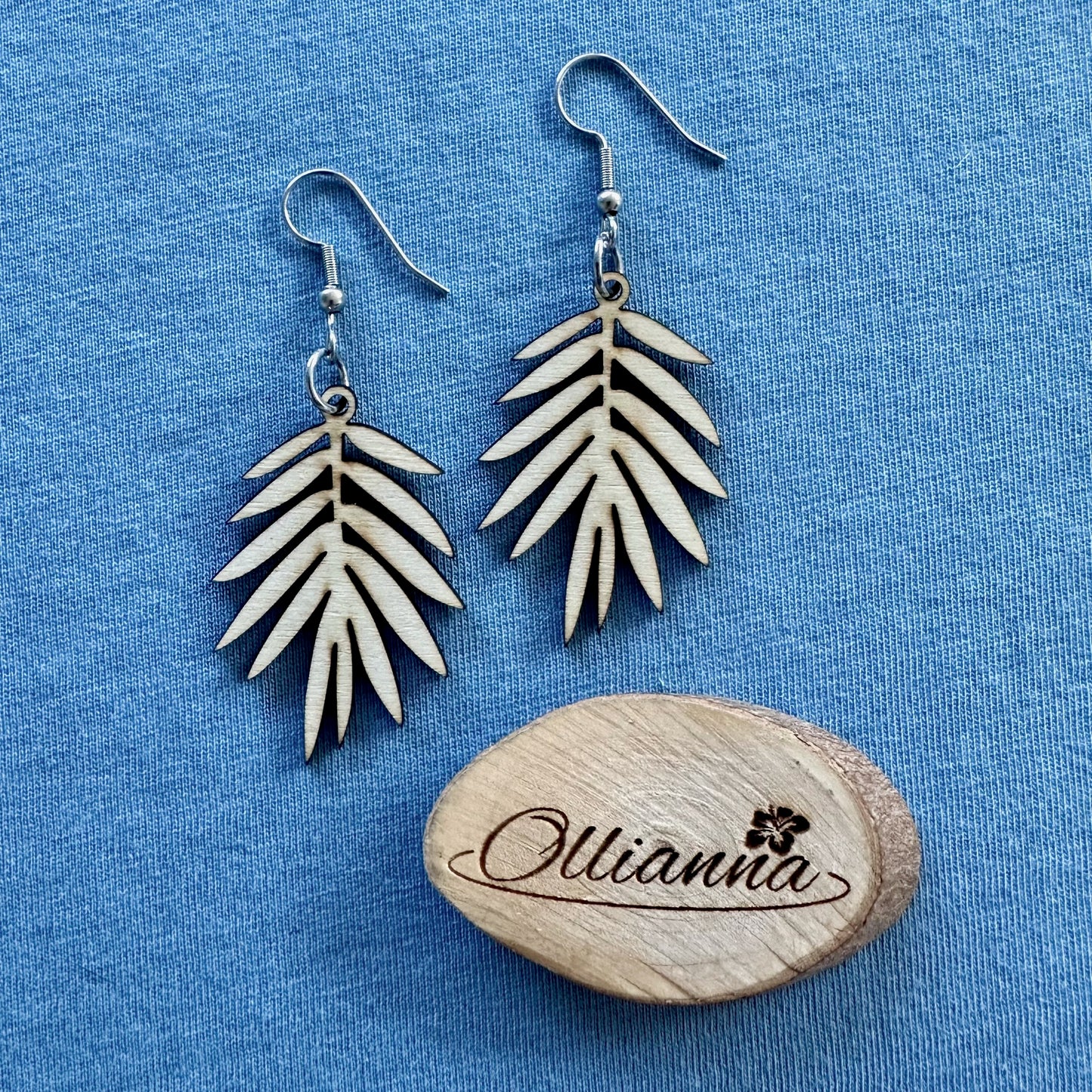 Made in Brisbane, Australia. 40mm long palm Leaf design wooden earrings on stainless steel hooks
