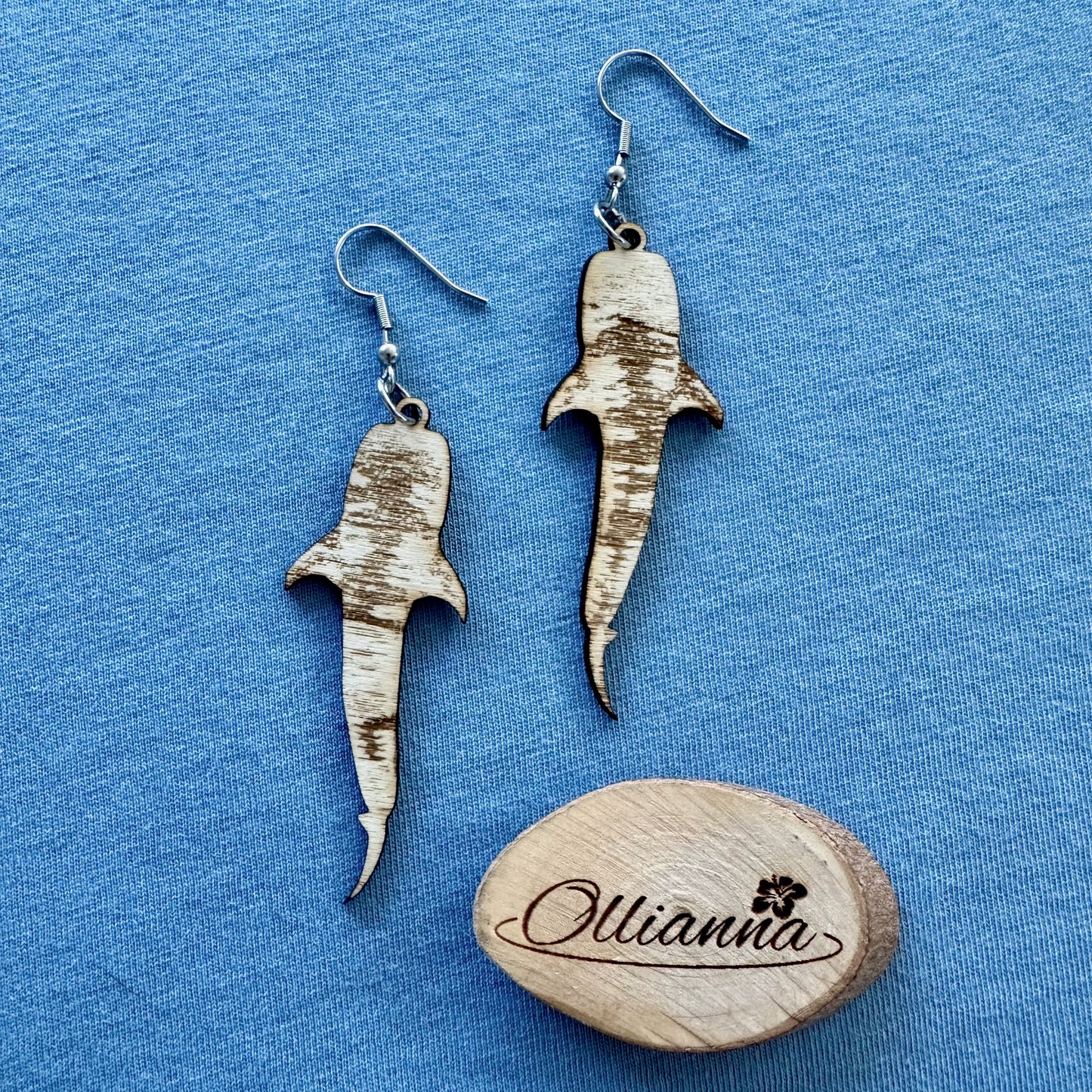 Made in Brisbane, Australia. 60mm long whale shark design wooden earrings on stainless steel hooks