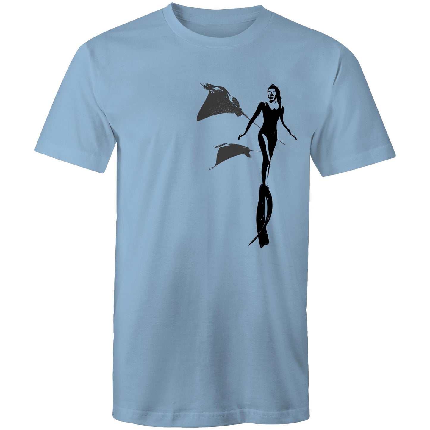 Kaia men’s t-shirt by Ollianna of Brisbane. This tee features a free-diving lady surrounded by graceful rays.