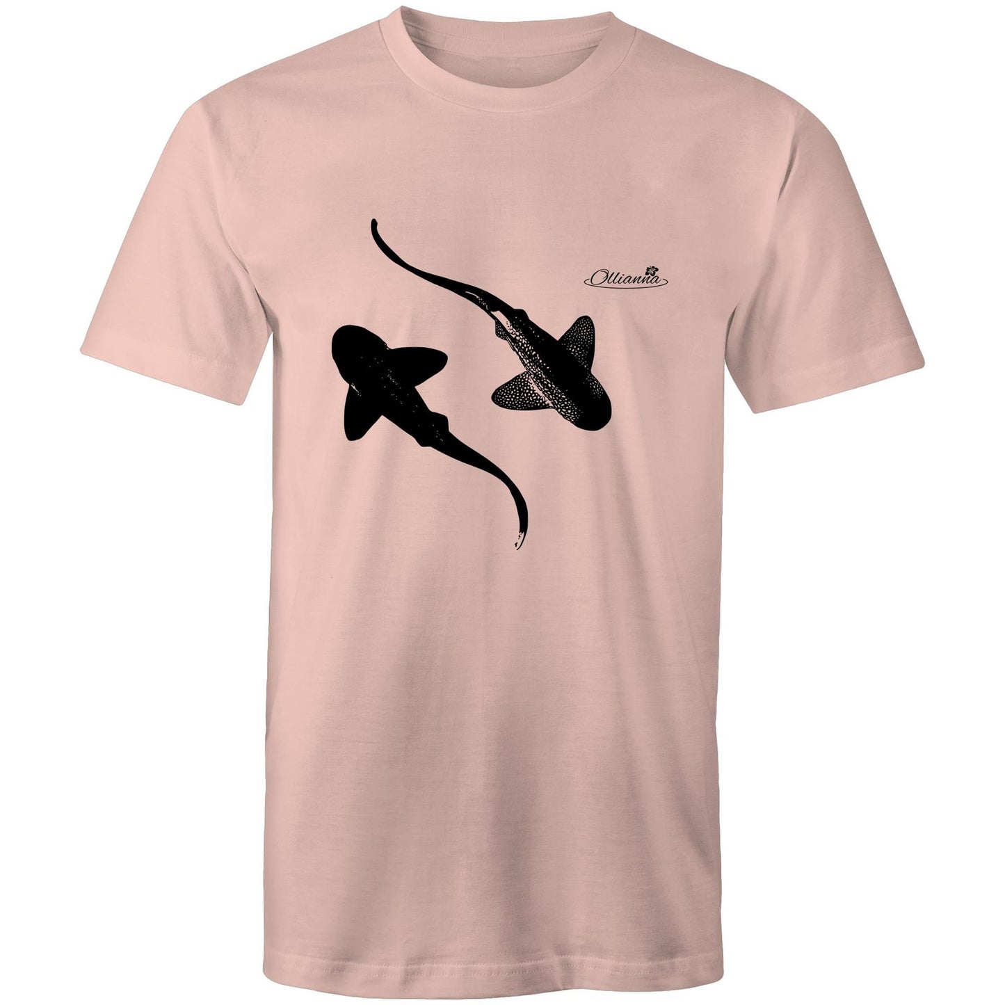 Leopard Sharks men’s T-shirt by Ollianna of Brisbane. This coastal inspired tee features an image of two leopard sharks gracefully swimming together.