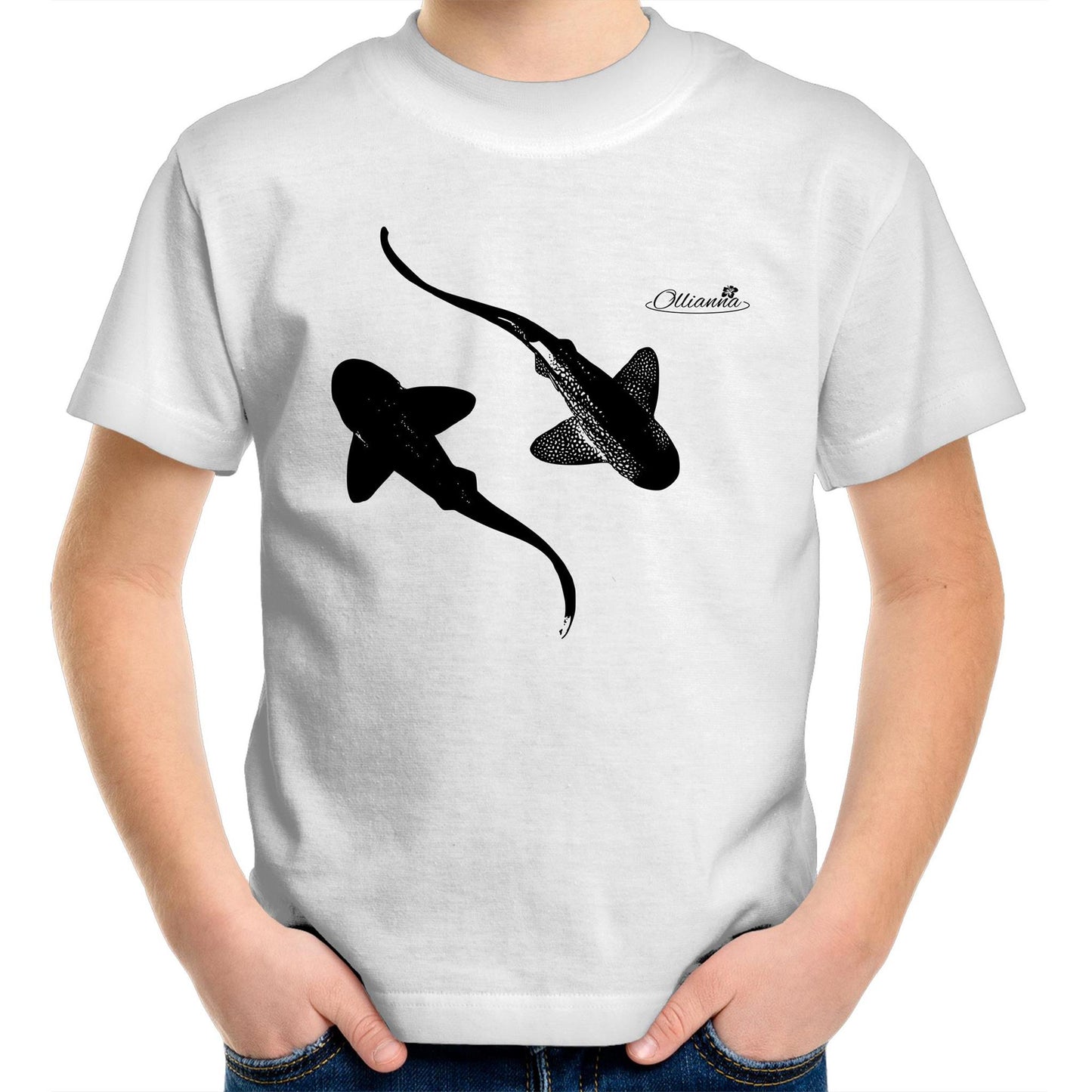 Leopard Sharks youth T-shirt by Ollianna of Brisbane. This coastal inspired tee features an image of two leopard sharks gracefully swimming together.