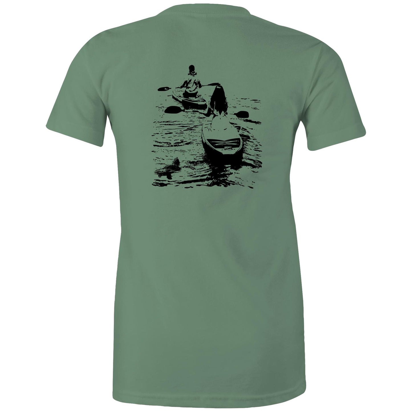 Kaneohe Couple women’s T-shirt by Ollianna of Brisbane. A symbol of unity, adventure and a shared love for nature. A wedding couple paddle board in the pristine Kaneohe Bay accompanied by a curious sea turtle.