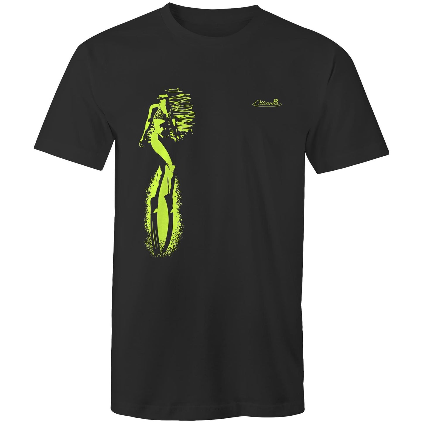Maya men’s T-shirt by Ollianna of Brisbane. This tee features a captivating image of a free diver gracefully surfacing.